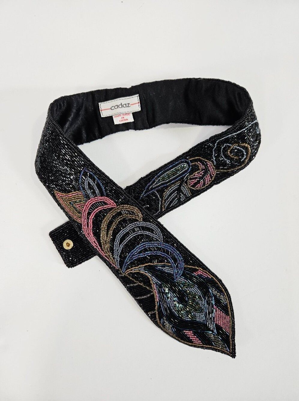Vintage Cadaz Intricate Seed Beaded Peacock Feather Fold Over Statement Belt